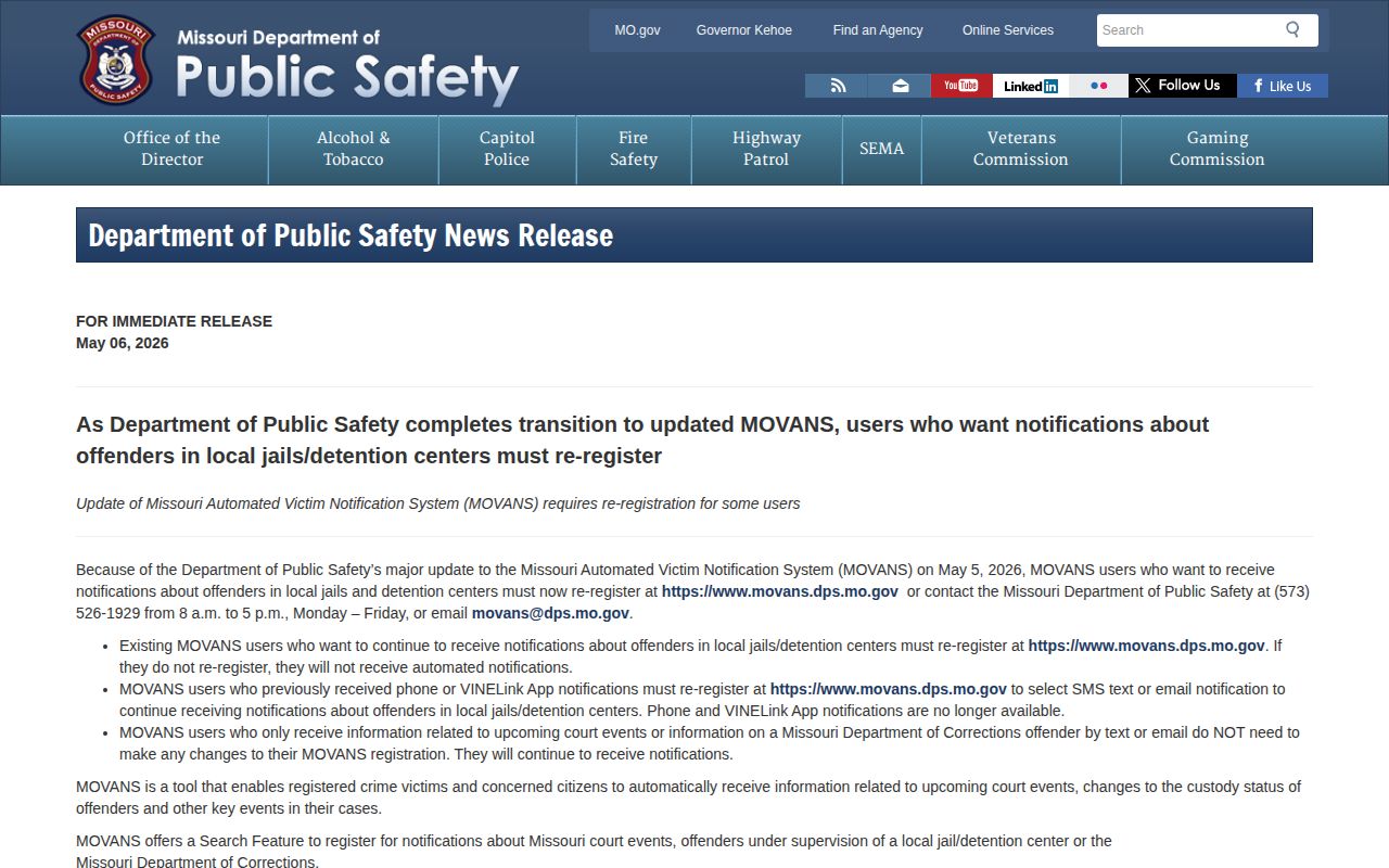 May 2026 MOVANS re-registration notice for Vernon County VINE release alerts