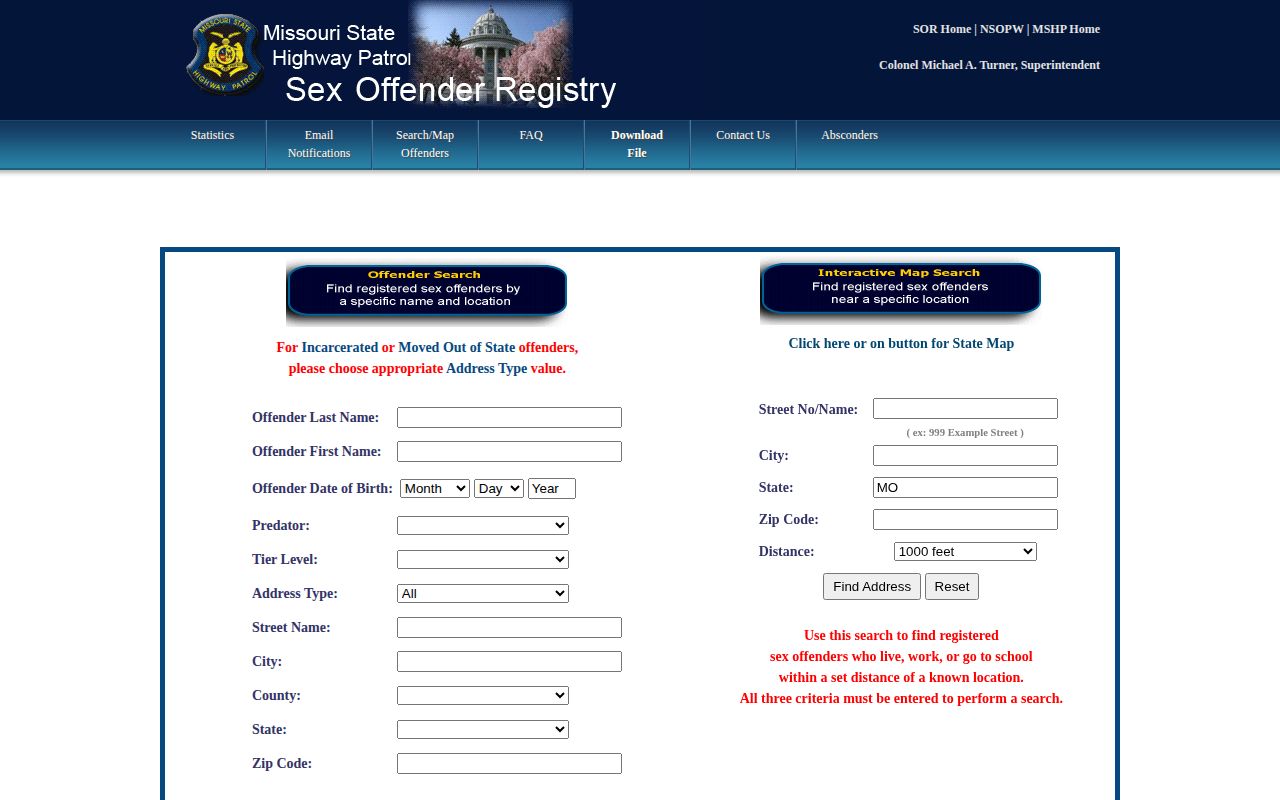 Missouri registry search fields related to Vernon County post-release status