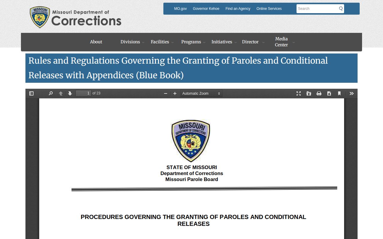 Missouri Blue Book schedule used in Vernon County projected release date review